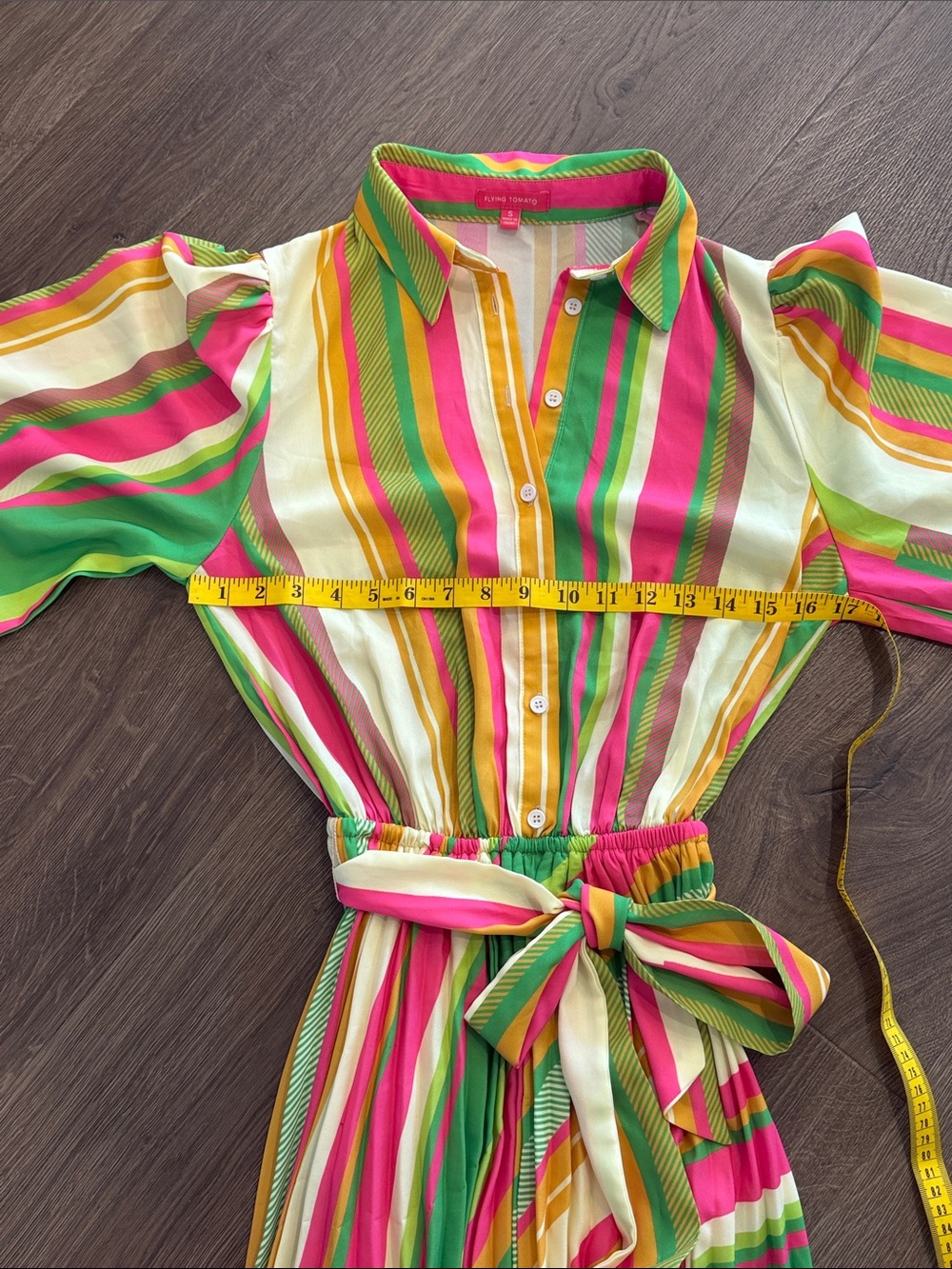 Flying Tomato Rainbow Stripe Pleated Maxi Dress Long Puff Sleeve Tie Waist Small - Picture 10 of 11